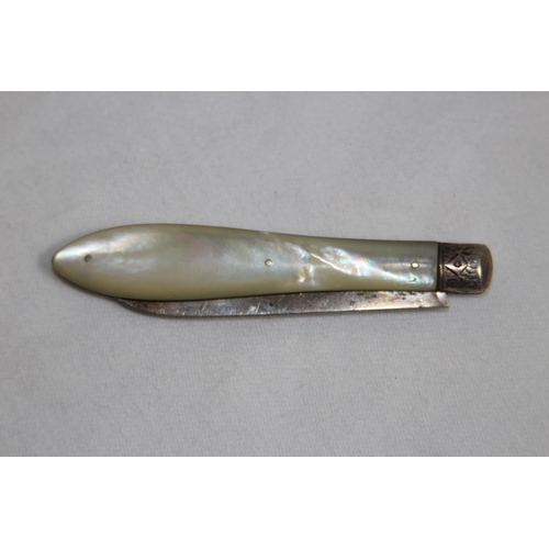 938 - VICTORIAN SILVER & M.O.P. HANDLED FRUIT KNIFE, SHEFFIELD 1892