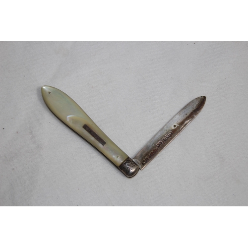 938 - VICTORIAN SILVER & M.O.P. HANDLED FRUIT KNIFE, SHEFFIELD 1892