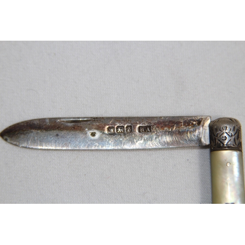 938 - VICTORIAN SILVER & M.O.P. HANDLED FRUIT KNIFE, SHEFFIELD 1892