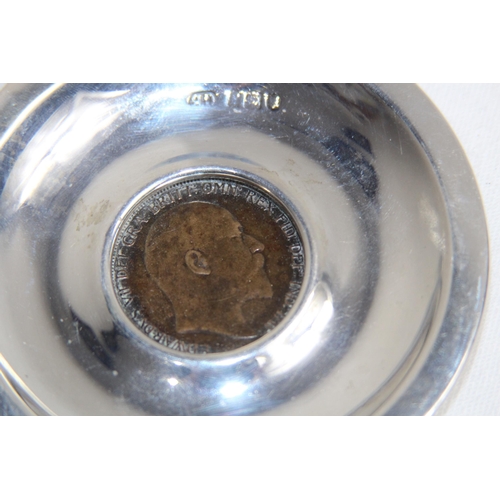 944 - EDWARDIAN COIN SET SILVER DISH, LONDON 1902