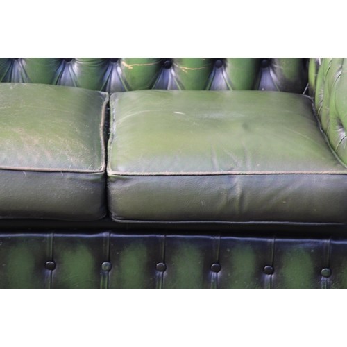 24 - GREEN LEATHER THREE SEATER CHESTERFIELD SOFA 
190 X 81 X 70CM