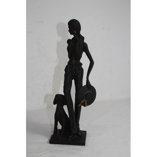 710 - ART DECO STYLE LADY AND DOG FIGURE 
33CM