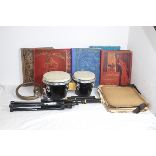 466 - QUANTITY OF MUSIC EPHEMERA INCLUDING BONGOS