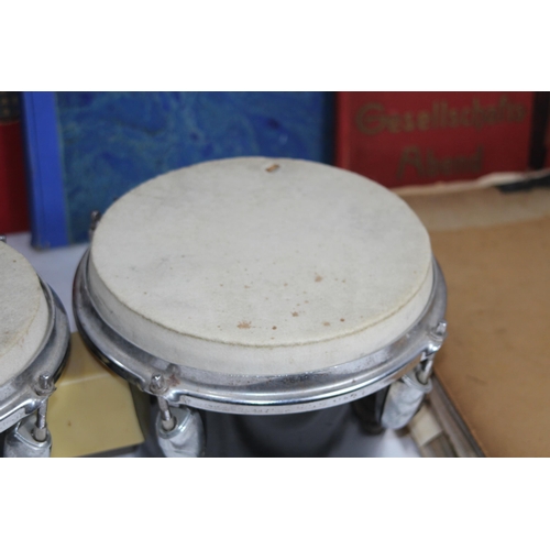 466 - QUANTITY OF MUSIC EPHEMERA INCLUDING BONGOS