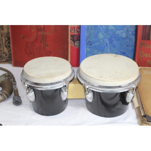 466 - QUANTITY OF MUSIC EPHEMERA INCLUDING BONGOS