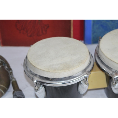 466 - QUANTITY OF MUSIC EPHEMERA INCLUDING BONGOS