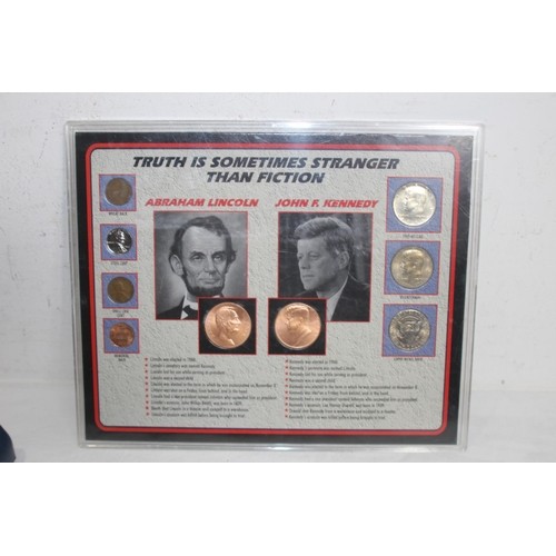 816 - SELECTION OF FRAMED US COINS INCLUDING 2 SILVER HALF DOLLARS