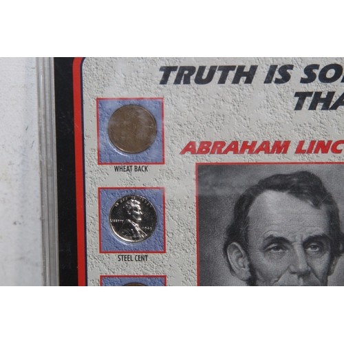 816 - SELECTION OF FRAMED US COINS INCLUDING 2 SILVER HALF DOLLARS