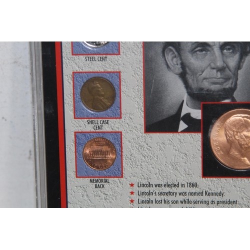 816 - SELECTION OF FRAMED US COINS INCLUDING 2 SILVER HALF DOLLARS