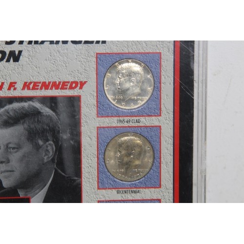 816 - SELECTION OF FRAMED US COINS INCLUDING 2 SILVER HALF DOLLARS