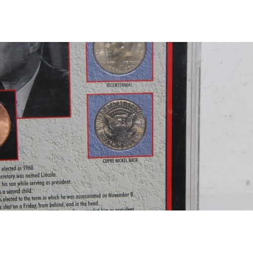 816 - SELECTION OF FRAMED US COINS INCLUDING 2 SILVER HALF DOLLARS