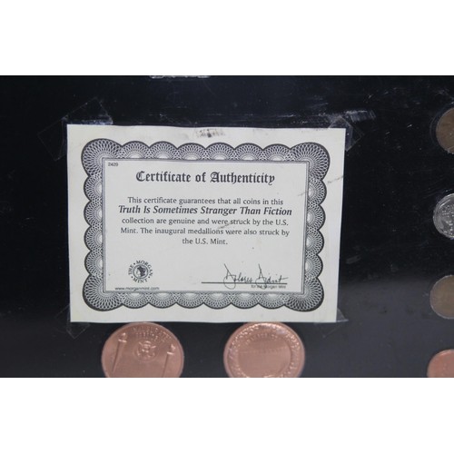 816 - SELECTION OF FRAMED US COINS INCLUDING 2 SILVER HALF DOLLARS