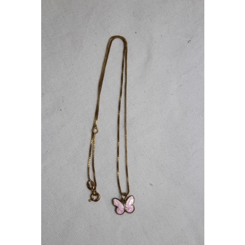 875 - GILT SILVER PINK ENAMEL BUTTERFLY PENDANT NECKLACE, BOXED