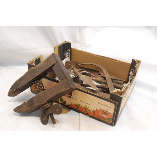 43 - Box Of Vintage Tools Including Interesting G Clamp.