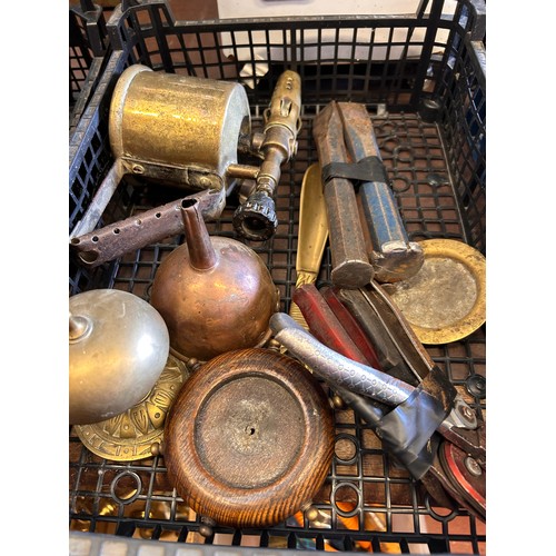 506 - Tray Of Brass And Copperware Plus Vintage Tools.