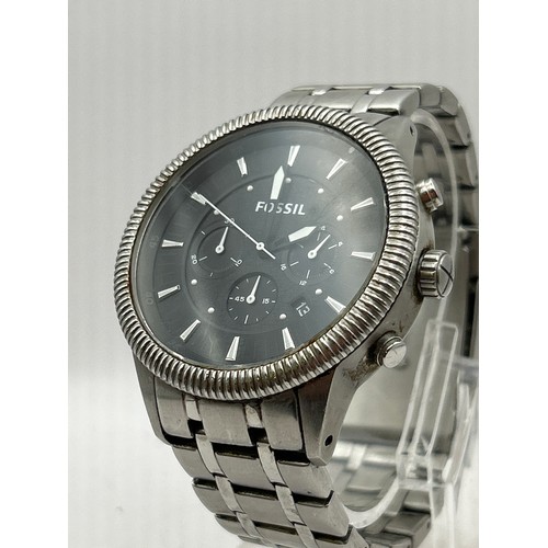 85 - Gents Fossil Watch, Stainless Steel With Black Face.