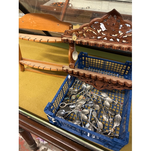 159 - Tray Of Various Collectible Spoons Plus Two Spoon Display Stands.