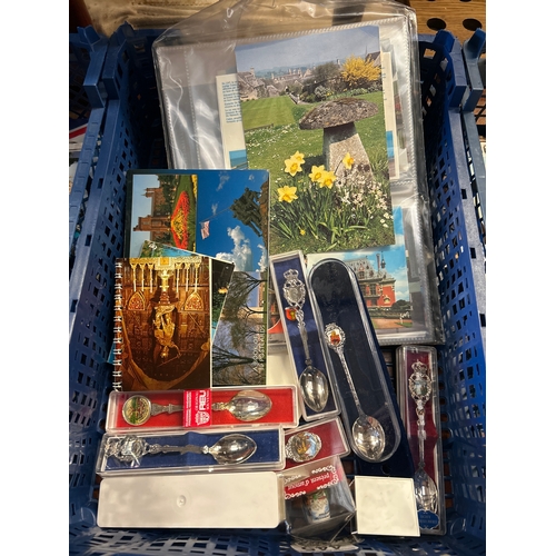 183 - Tray of Various Collectible Spoons and Postcards