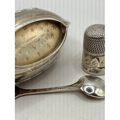 288 - Small Bag Of Silver Items To Include, Thimble, Viking Boat And Spoon.