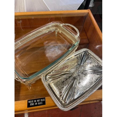 79 - Silver Plate Dinner Service Tray Unused, Pyrex Dish.