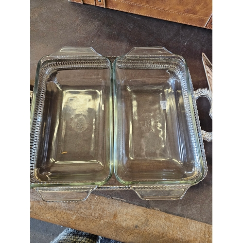 111 - Double Silver Serving Tray With Pyrex Inserts.