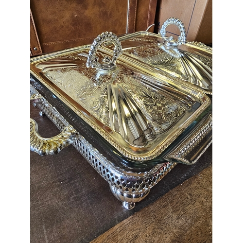 111 - Double Silver Serving Tray With Pyrex Inserts.