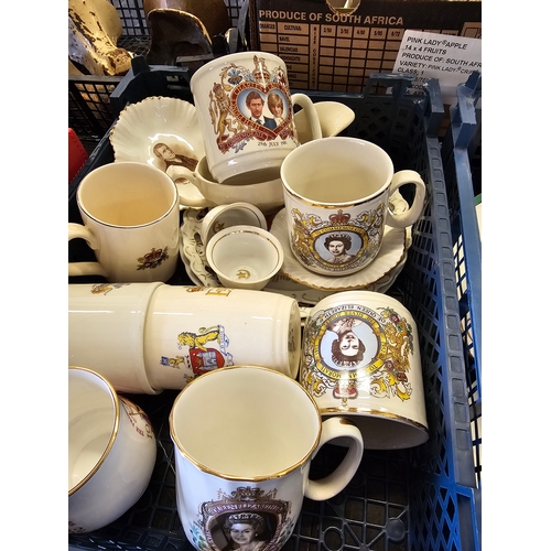 119 - Two Trays Of Ceramics To Include Dinner Set And Royal Memorabilia.