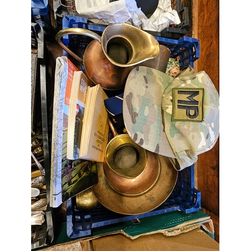 145 - Tray Of Various Items To Include Brass Jug And Maps.