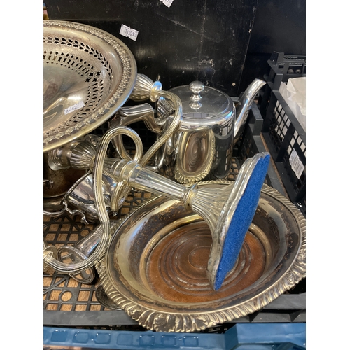 150 - Tray Of EPNS And  White Metal Items Including Jug , Candelabra Etc.