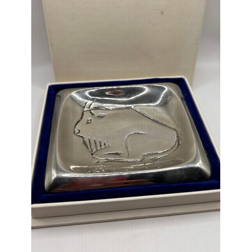 3 - Interesting Boxed Bison Heavy Steel Ashtray, Signed By Lars Andersson, 1958, 4.5x4.5