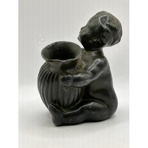 5 - Lovely Lit/ Drip Vase? Depicting A Baby Boy Holding An Urn, Stamped Denmark To The Base 3