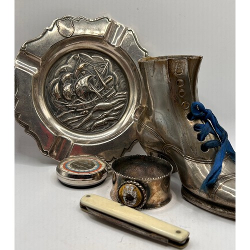 19 - Great Collection Of Vintage White Metal Collectibles etc, Including Napkin Ring , Silver? Ashtray, M... 