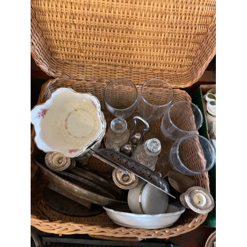 306 - One Wicker Basket And Contents And One Tray Of Glass , White Metal Etc.