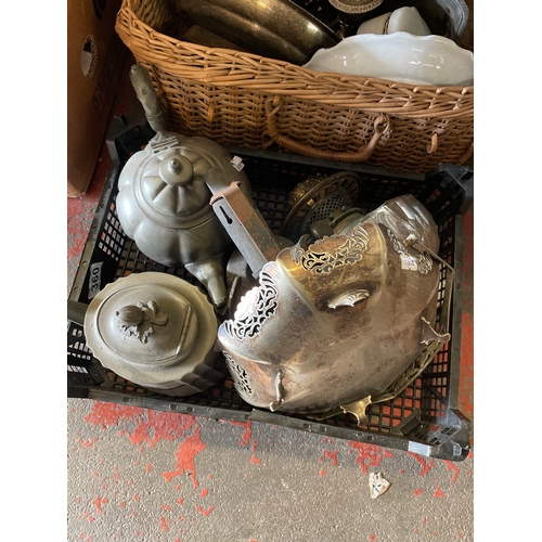 306 - One Wicker Basket And Contents And One Tray Of Glass , White Metal Etc.