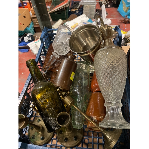 360 - Tray Of Glass And White Metal Items Including Claret Jugs.