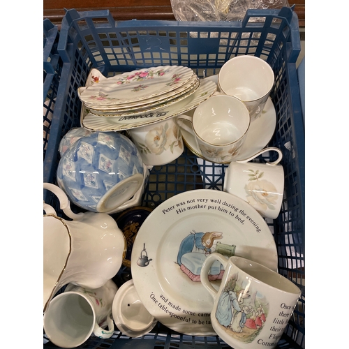 374 - Two Trays Of Ceramics Including Wedgewood , Peter Rabbit Etc.