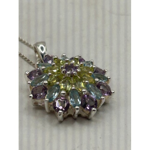 41 - Great Looking Target Pendant With Peridot, Topaz And Amethyst On Silver Chain