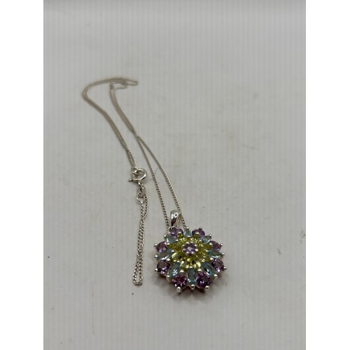 41 - Great Looking Target Pendant With Peridot, Topaz And Amethyst On Silver Chain