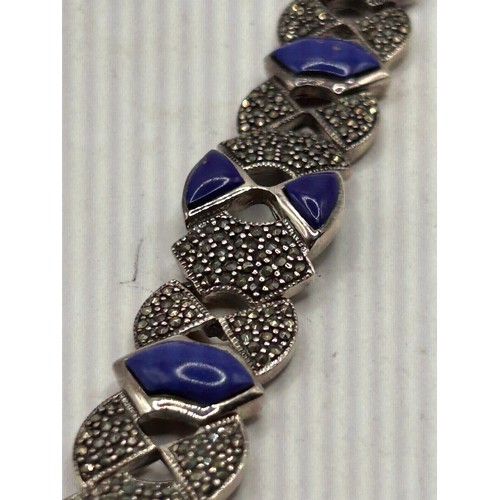 42 - Art Deco Style , Lapis And Marcasite Silver Bracelet.