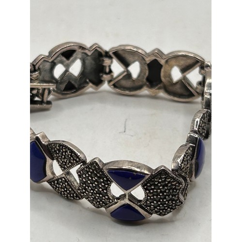 42 - Art Deco Style , Lapis And Marcasite Silver Bracelet.