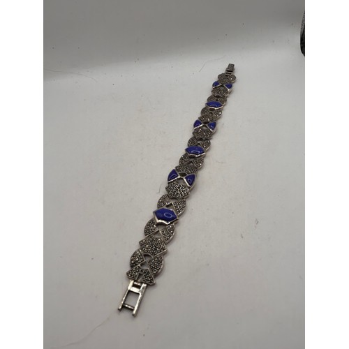 42 - Art Deco Style , Lapis And Marcasite Silver Bracelet.