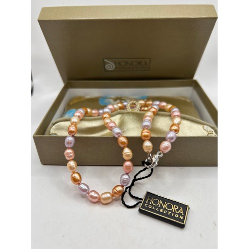 214 - Boxed Honora Pearls, Pink/Peach With Silver Clasp.