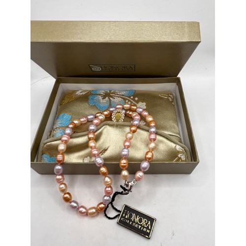 214 - Boxed Honora Pearls, Pink/Peach With Silver Clasp.