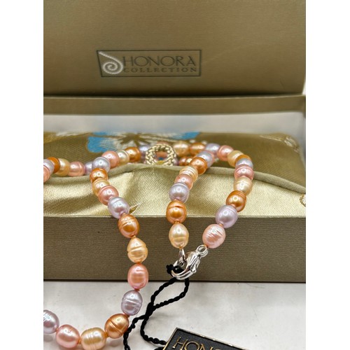 214 - Boxed Honora Pearls, Pink/Peach With Silver Clasp.