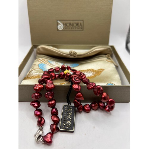 221 - Boxed Honora Pearls, Red Keshi, With Silver Clasp.