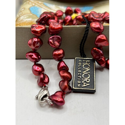 221 - Boxed Honora Pearls, Red Keshi, With Silver Clasp.