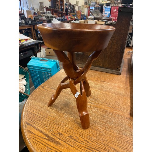 494 - Well Carved One Piece Bowl On Stand, Plus Interesting Leather Game Board?