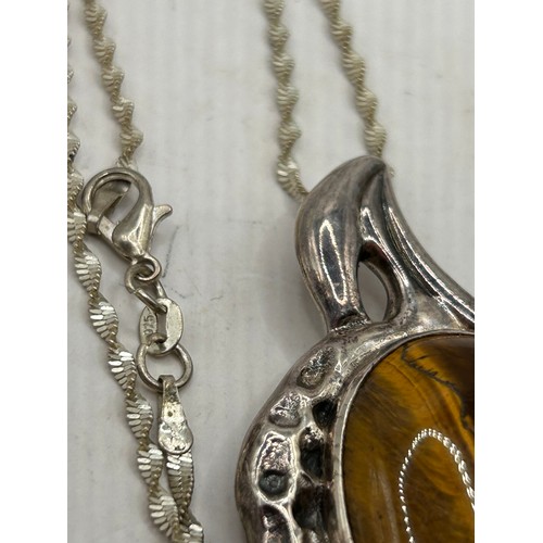 258 - Large Silver Pendant With Tigers Eye? On Silver Chain.