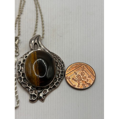 258 - Large Silver Pendant With Tigers Eye? On Silver Chain.