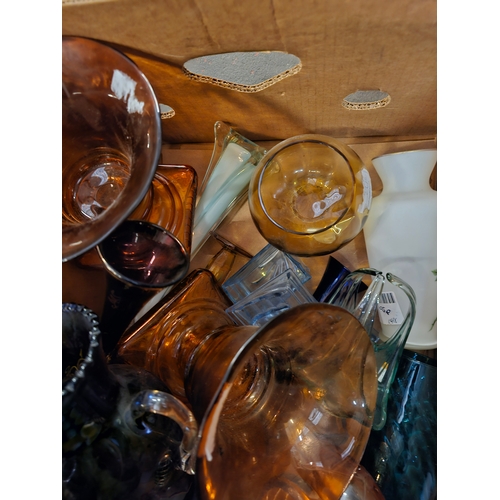 638 - Box Of Various Colour Glass Items Including Spanish Drink Dispenser.